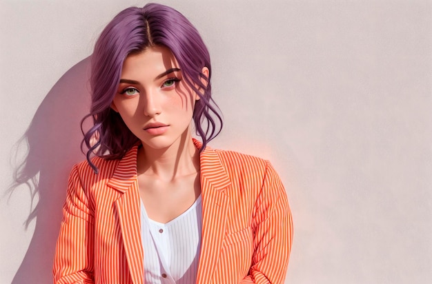 Mujer joven con cabello morado en chaqueta Retrato de mujer hermosa con imagen brillante IA generativa