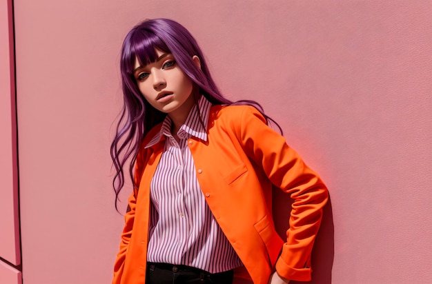 Mujer joven con cabello morado en chaqueta Retrato de mujer hermosa con imagen brillante IA generativa