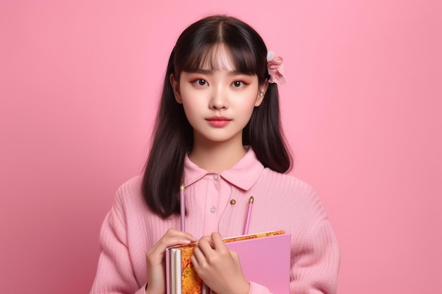 Una mujer joven con cabello negro y un suéter rosa sostiene libros frente a un fondo rosa.