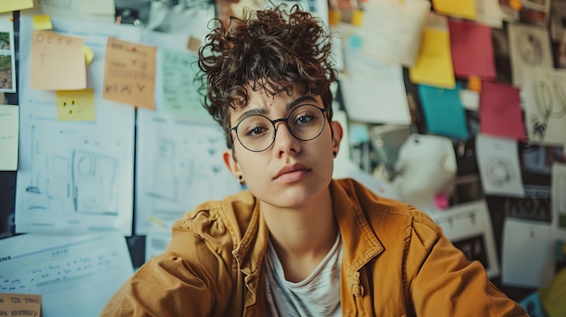 Mujer joven con cabello rizado y gafas en la oficina