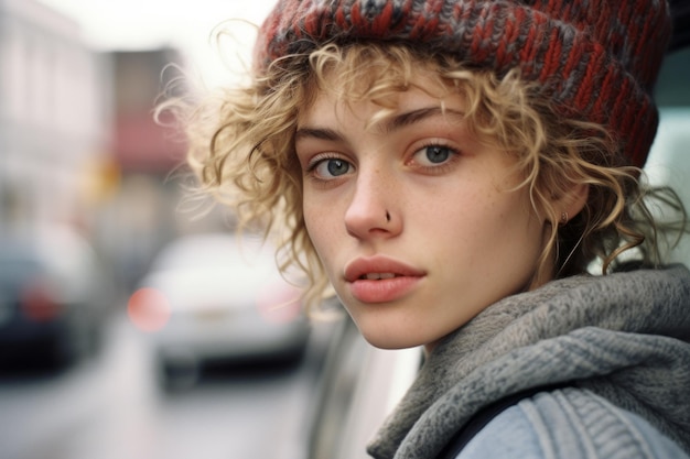 una mujer joven con cabello rizado y un gorro