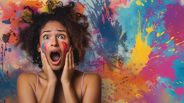 Foto una mujer joven con cabello rizado oscuro y pintura de colores en la cara grita de sorpresa y miedo ella está de pie frente a un fondo colorido