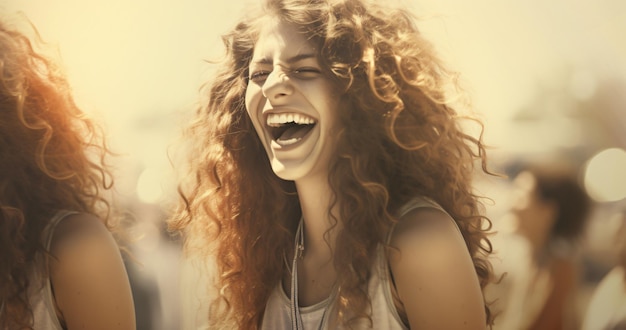 Foto mujer joven con cabello rizado riendo y sonriendo multirracial