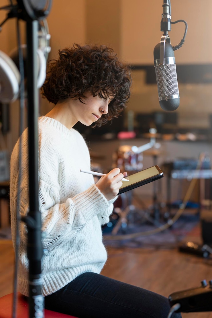 Foto mujer joven con cabello rizado sentada y pensando qué escribir en el estudio de música