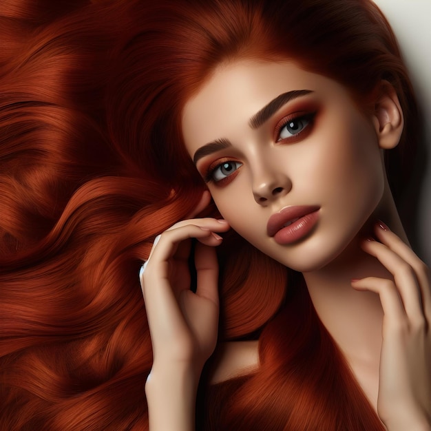 mujer joven con el cabello rojo largo acostado en el fondo del cabello largo rojo