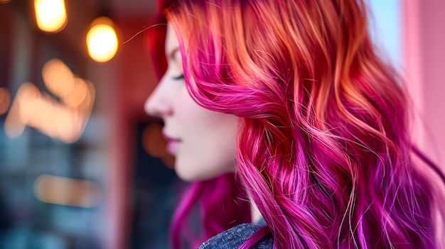 Una mujer joven con cabello rosa brillante y naranja está mirando a un lado con los ojos cerrados