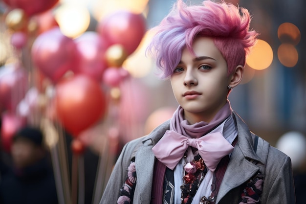 una mujer joven con cabello rosa y una corbata de pollo