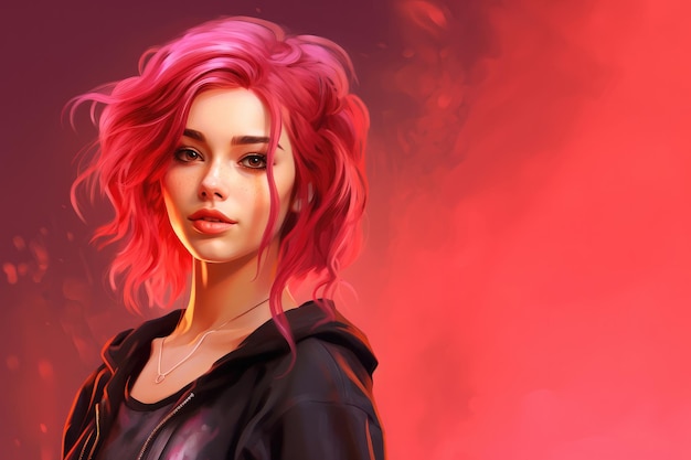 Mujer joven con el cabello rosa con fondo rosa Freelancer