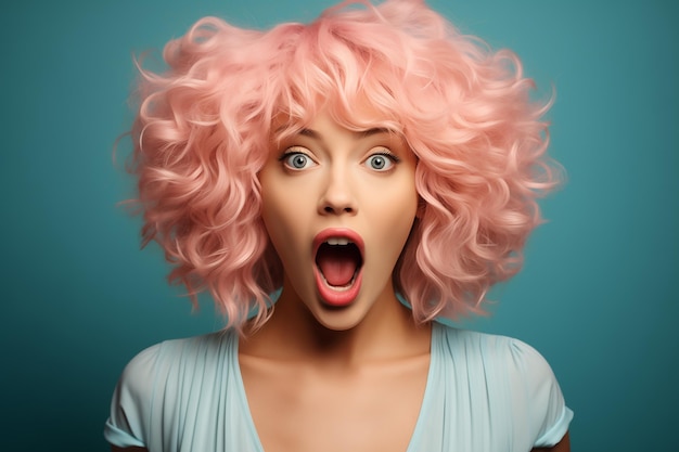 Mujer joven con el cabello rosa sonríe en el fondo aislado