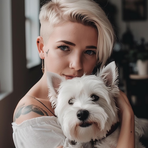 Mujer joven de cabello rubio sostiene un perro blanco de la raza West Highland White Terrier en sus brazos