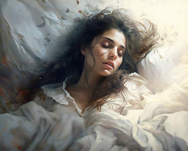 Foto una mujer joven de cabello rubio tendida en la cama.
