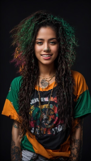 Una mujer joven con cabello verde vibrante y piercings únicos