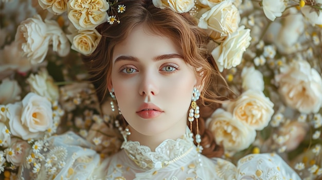 Foto mujer joven con la cabeza rodeada de flores