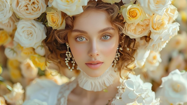 Foto mujer joven con la cabeza rodeada de flores