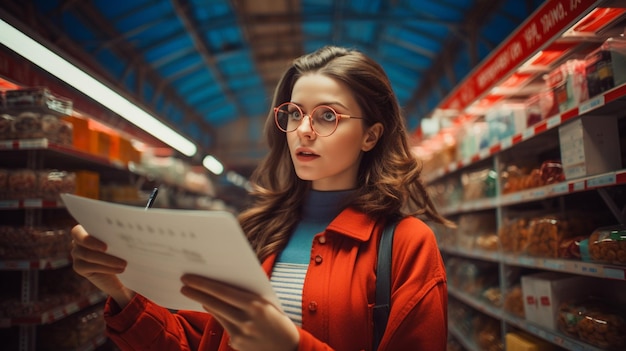 mujer joven en un café leyendo un periódico