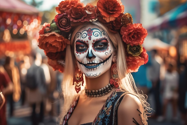 mujer joven con una calavera pintada en la cara al aire libre Celebración del Día de los Muertos en México