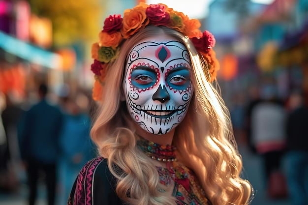 mujer joven con una calavera pintada en la cara al aire libre Celebración del Día de los Muertos en México