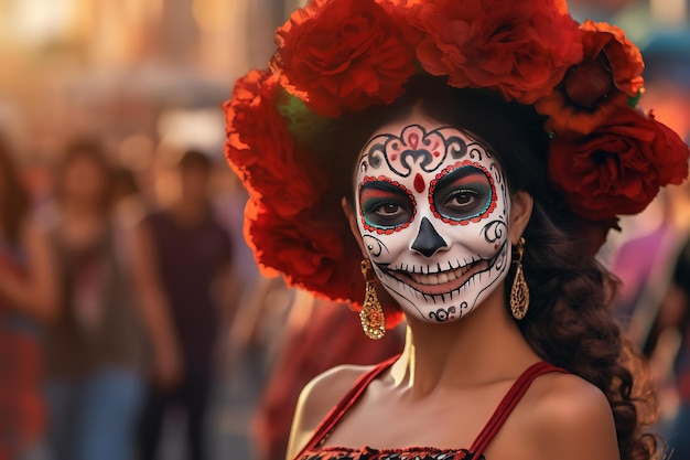 mujer joven con una calavera pintada en la cara al aire libre Celebración del Día de los Muertos en México