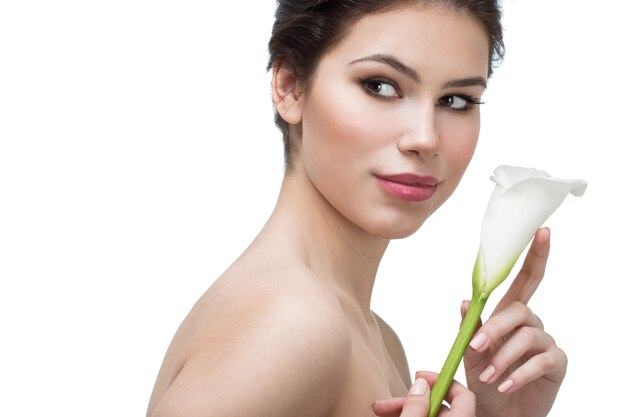 Mujer joven, con, calla, flor