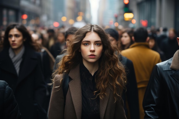una mujer joven camina entre una multitud de personas