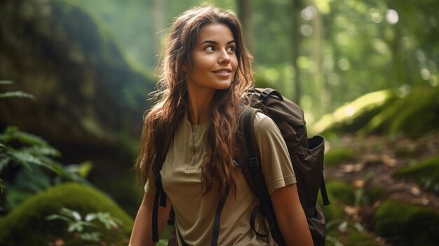 Foto mujer joven caminando en el bosque disfrutando de la belleza.