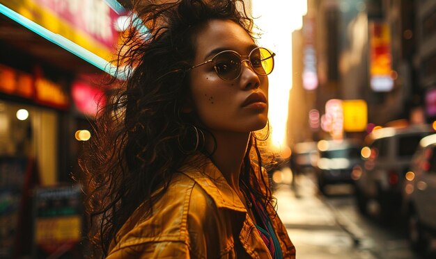 Mujer joven caminando por la calle de la ciudad