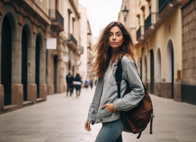 Mujer joven caminando por la calle con una mochila