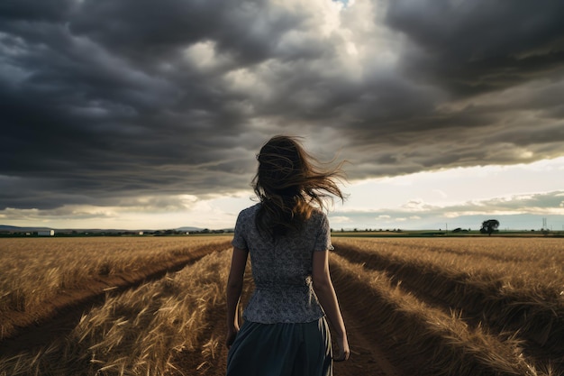 Mujer joven caminando por el campo de trigo y mirando el cielo tormentoso