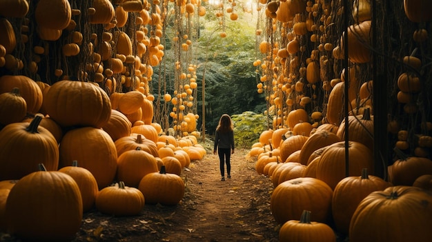 mujer joven caminando en el jardín de otoño con calabazas