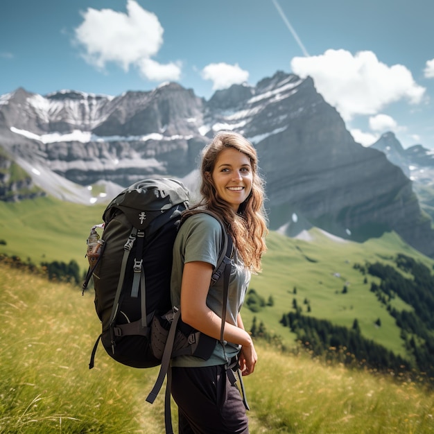 Foto mujer joven caminando en las montañas