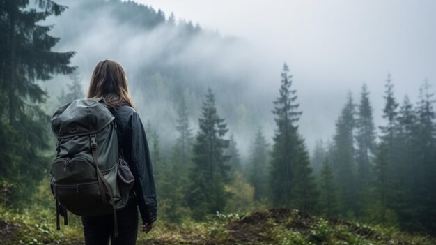 Foto mujer joven caminando por la naturaleza caminando en mochila caminando por el bosque estilo de vida