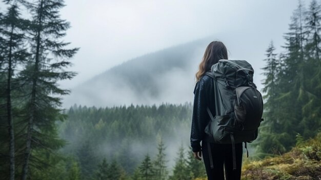 Mujer joven caminando por la naturaleza caminando en mochila caminando por el bosque estilo de vida