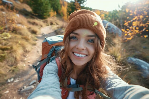 Mujer joven caminando Retrato exclusivo de mujer feliz tomando selfies en un viaje de fitness en solitario