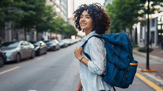 Mujer joven caminando con su mochila