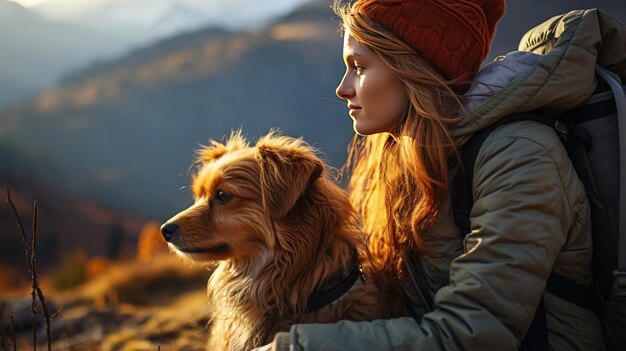 Mujer joven caminando con su perro en las montañas al atardecer Viajando con concepto de mascota