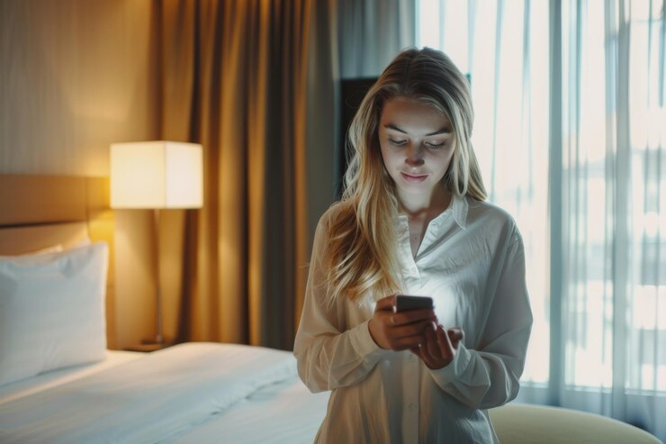 Mujer joven con una camisa blanca usando un teléfono inteligente en una habitación de hotel bien iluminada que refleja una mañana tranquila