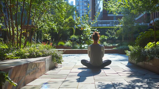 Foto una mujer joven con una camisa gris y pantalones negros está sentada en una postura de yoga en un parque con un fondo urbano