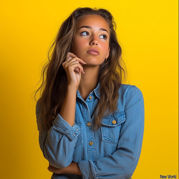 Una mujer joven con una camisa de vaqueros para un anuncio publicitario