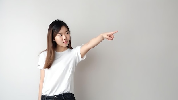 Una mujer joven con una camiseta blanca apunta a la derecha.