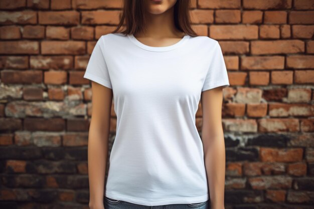 Una mujer joven con una camiseta blanca en blanco de pie contra un fondo de ladrillo, una maqueta de camiseta de mujer