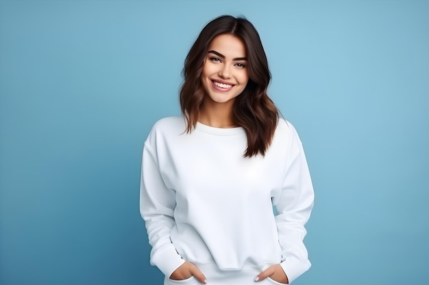 Mujer joven con camiseta blanca maqueta en fondo azul Diseño de suéter plantilla de impresión maqueta de presentación generada por IA