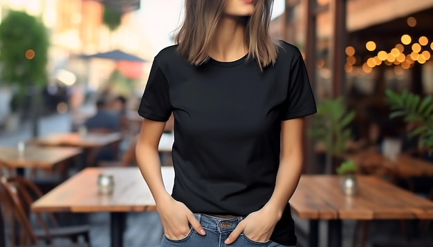 Mujer joven con camiseta negra Bella Canvas y jeans