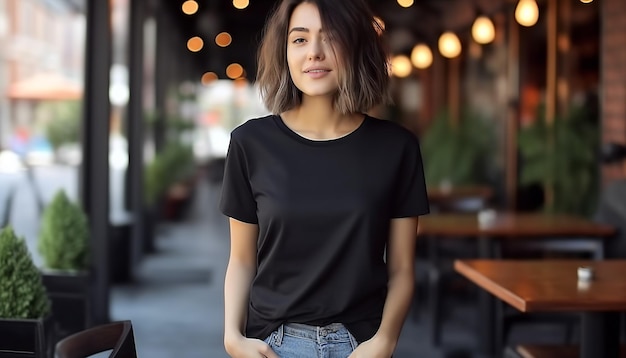 Mujer joven con camiseta negra Bella Canvas y jeans