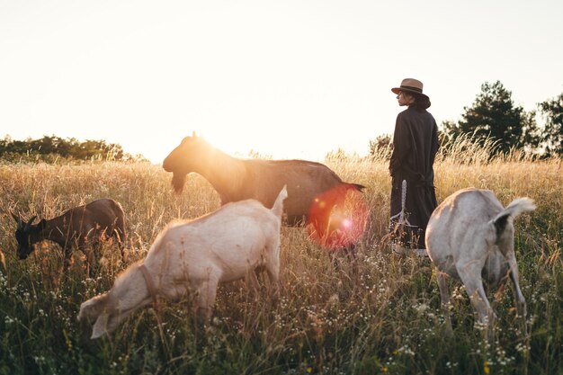 Mujer joven en el campo está pastando sus cabras blancas La niña y las cabras en el prado en verano Amor por los animales Granja de cabras Mascotas Mujer feliz con animales Amabilidad y amor por los animales Besa a una mascota