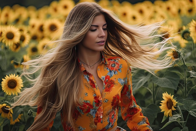 Una mujer joven en un campo de girasoles