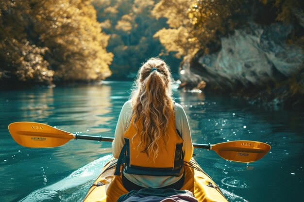 Mujer joven en canoa o kayak aventura en la naturaleza