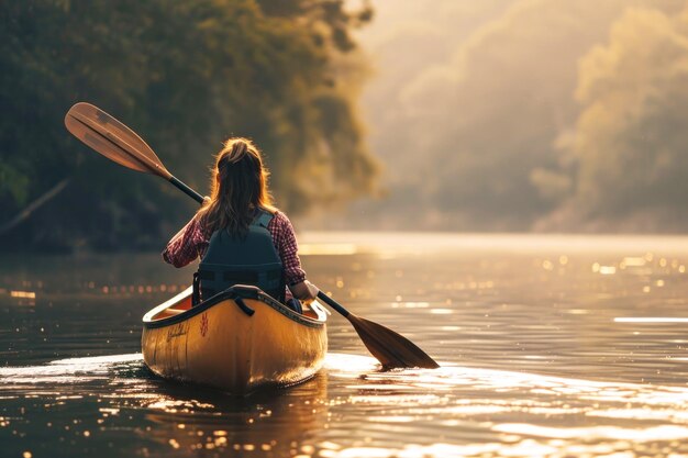 Foto mujer joven en canoa o kayak aventura en la naturaleza