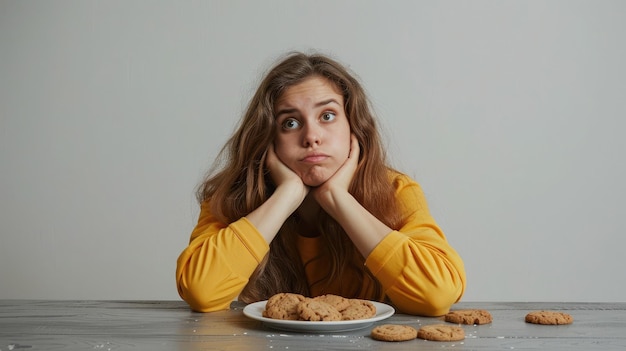 Foto mujer joven cansada de las restricciones de la dieta decidiendo si comer comida saludable o galletas dulces ella está ansiosa sentada en la mesa aislada fondo gris expresión facial humana emoción concepto de nutrición