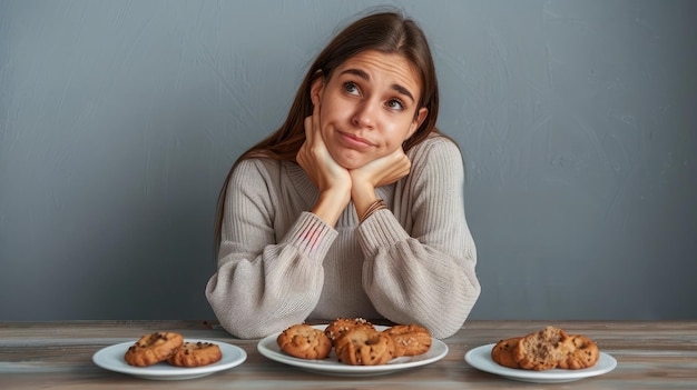 Foto mujer joven cansada de las restricciones de la dieta decidiendo si comer comida saludable o galletas dulces ella está ansiosa sentada en la mesa aislada fondo gris expresión facial humana emoción concepto de nutrición