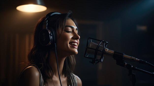 Foto mujer joven cantando contra un fondo oscuro con luces apagadas